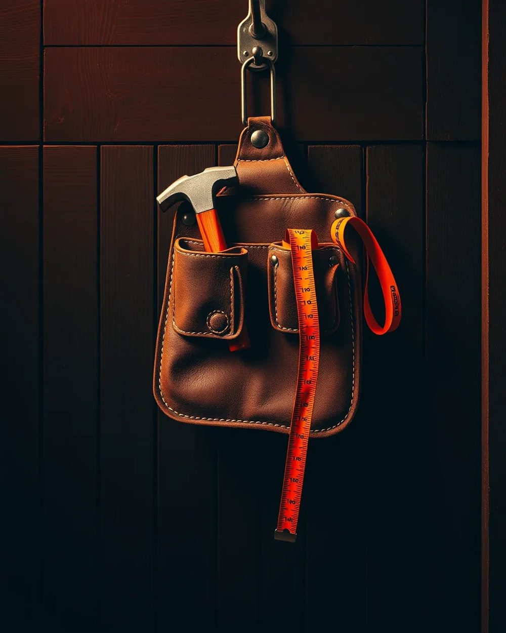 Leather tool belt with a hammer and an orange tape measure hanging on a workshop wall