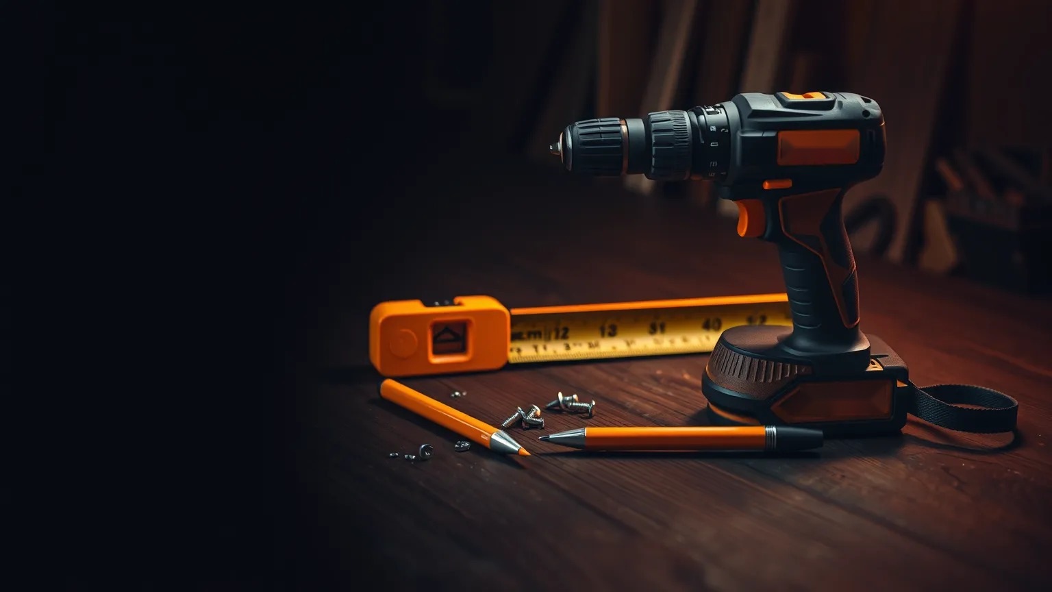 Cordless drill, tape measure and pencil on a workbench